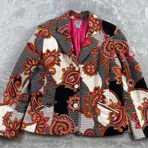 Chicos Blazer Jacket Womens 2 Multicolor Paisley Print Ribbed Textured Cotton